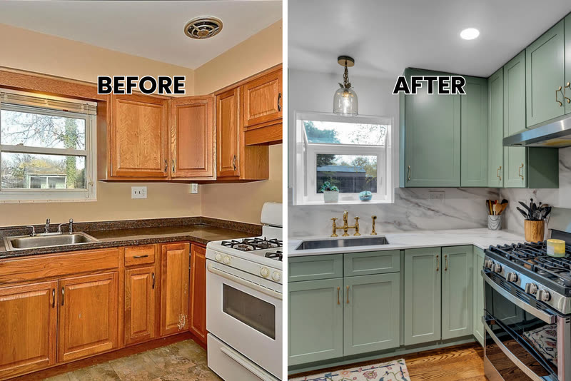 Before and after: an oak kitchen replaced with sage green Shaker cabinets and a light stone countertop on the same layout