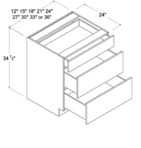 Three Drawer Base Cabinet dimension diagram