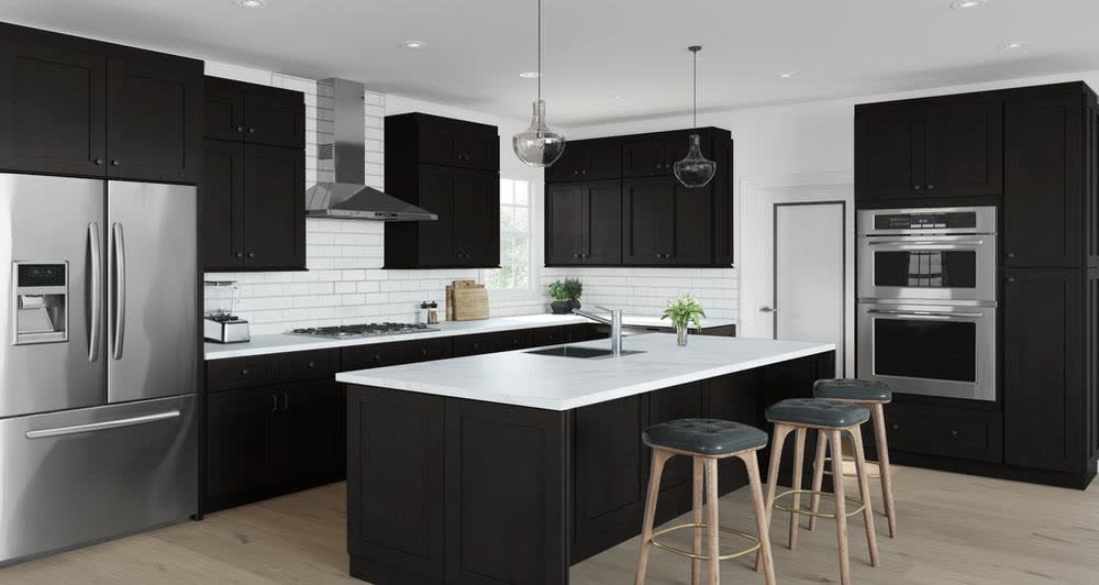 Aspen Charcoal kitchen cabinets shown in a finished kitchen — charcoal raised-panel doors