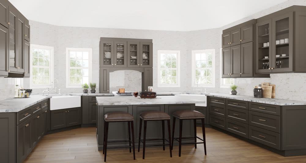 Double Smokey Gray kitchen cabinets shown in a finished kitchen — smokey gray shaker doors