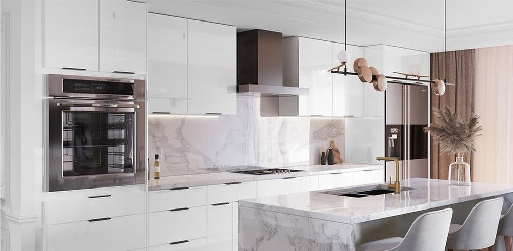 High Glossy White kitchen cabinets shown in a finished kitchen — high-gloss white doors