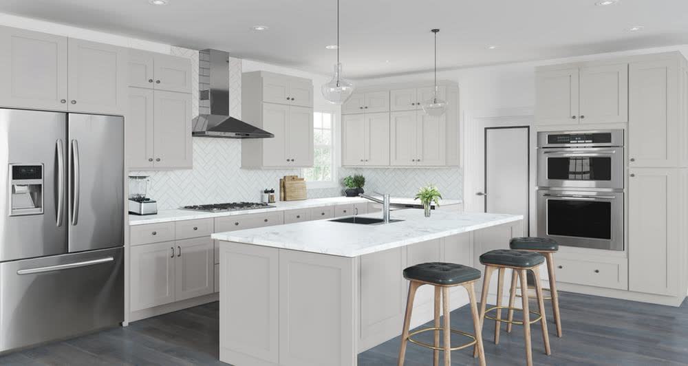 Lunar Gray kitchen cabinets shown in a finished kitchen — light gray shaker doors