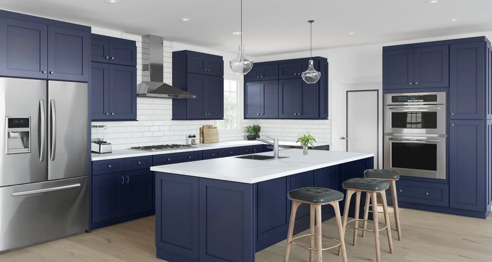 Navy Blue kitchen cabinets shown in a finished kitchen — navy blue shaker doors