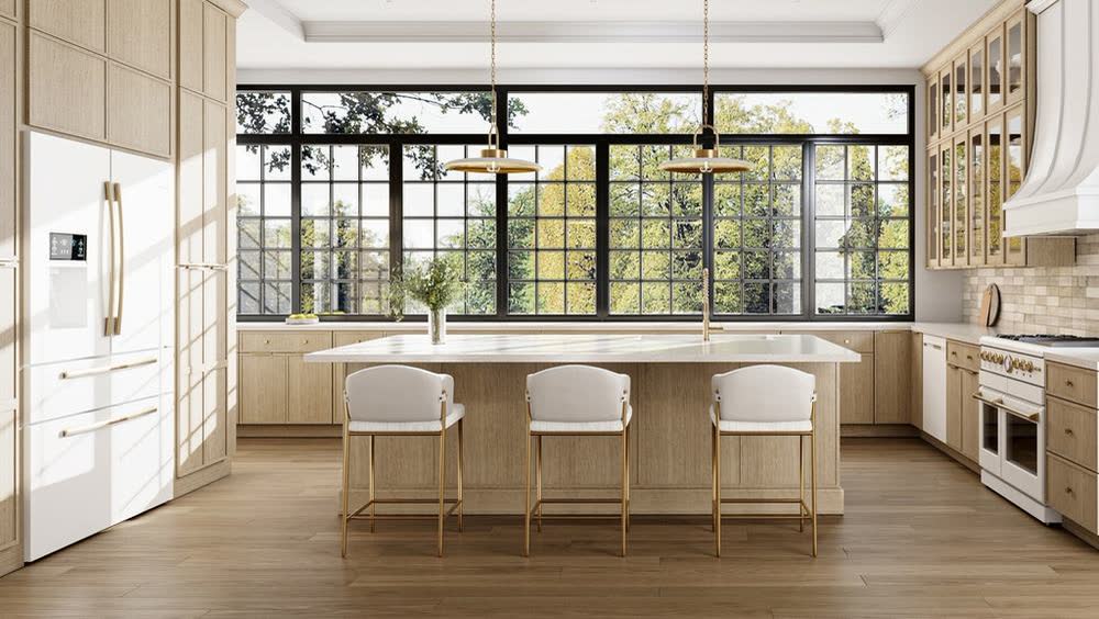 Oak Blonde kitchen cabinets shown in a finished kitchen — blonde oak doors