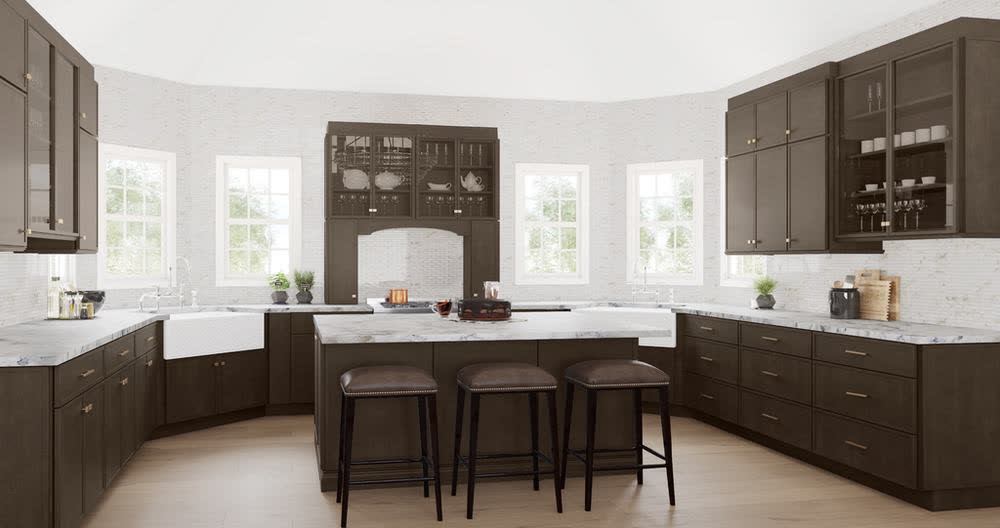 Oak Shade kitchen cabinets shown in a finished kitchen — dark oak doors
