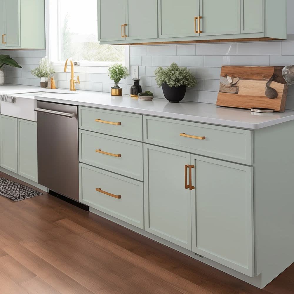Sage Breeze kitchen cabinets shown in a finished kitchen — sage green shaker doors