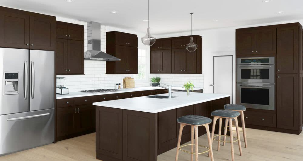 Shaker Expresso kitchen cabinets shown in a finished kitchen — espresso shaker doors