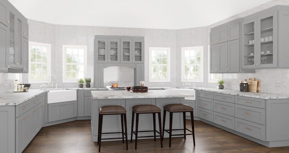 Shaker Gray kitchen cabinets shown in a finished kitchen — gray shaker doors