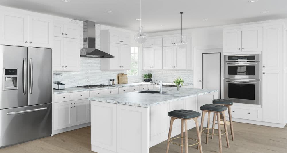 Shaker White kitchen cabinets shown in a finished kitchen — white shaker doors