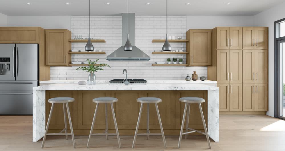 Slim Amber Oak kitchen cabinets shown in a finished kitchen — amber oak slim shaker doors