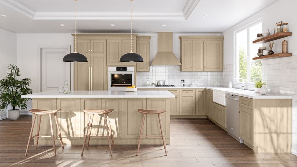 Slim White Oak kitchen cabinets shown in a finished kitchen — white oak slim shaker doors