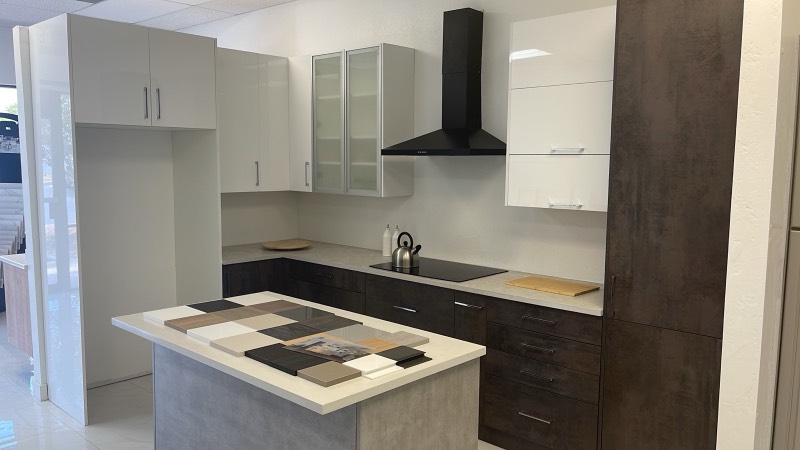 Modern high-gloss white and dark wood-grain European cabinets