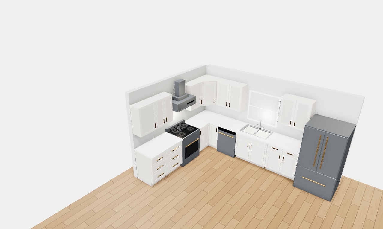Sample kitchen rendered by the Cabinet Bazaar 3D designer in Shaker White