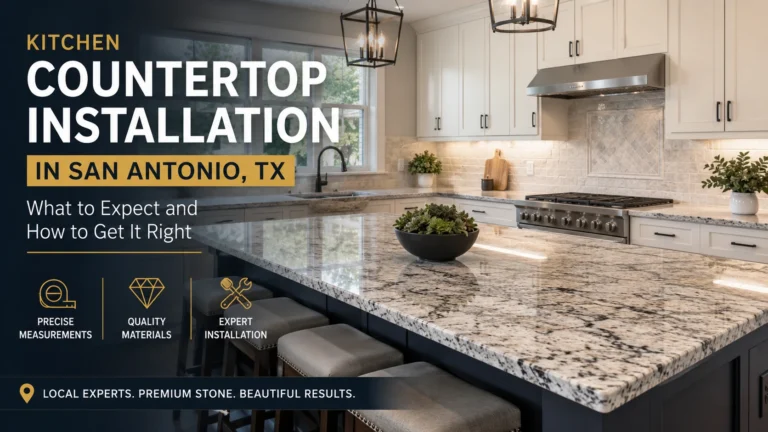 Professional kitchen countertop installation in San Antonio TX showing granite slab fitting by Cabinet Bazaar