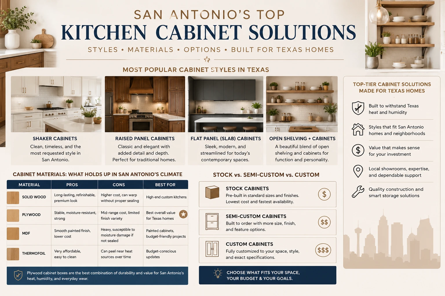 Kitchen Cabinet Styles for San Antonio Homes-San Antonio kitchen cabinet design guide with shaker cabinets, cabinet finishes, storage features, and hardware recommendations