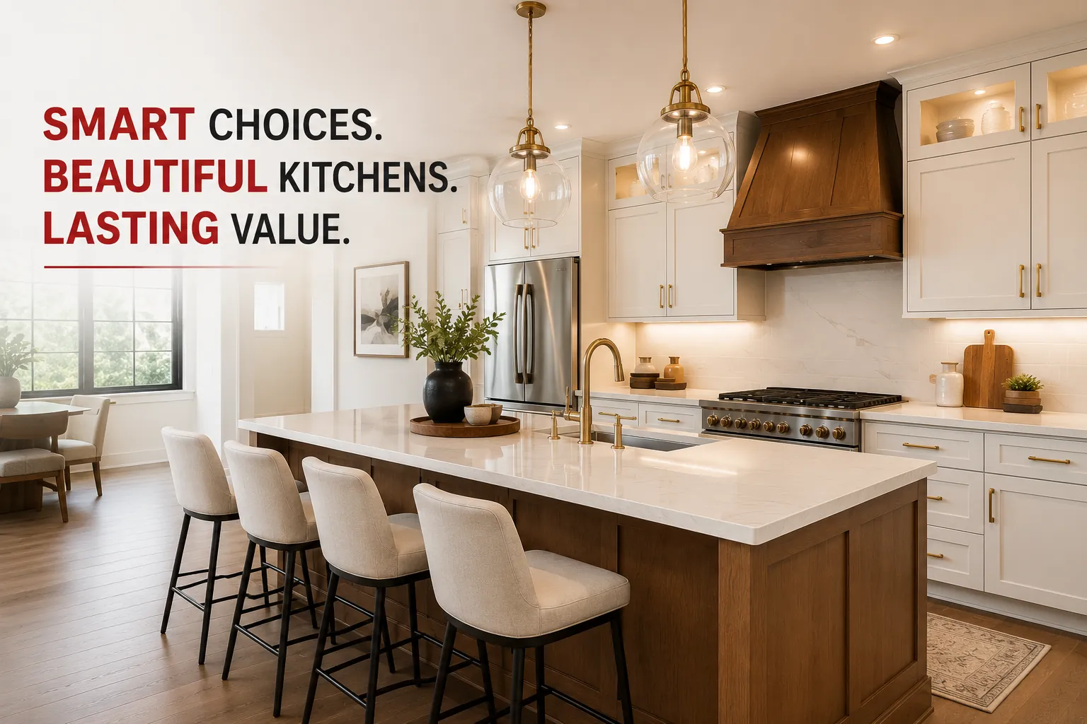 Luxury kitchen remodel with white shaker cabinets, quartz island countertops, and custom cabinetry showcasing smart kitchen design choices in San Antonio